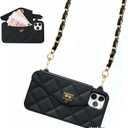 UnnFiko Wallet Case Compatible with iPhone 14 Pro Max, Cute Light Luxury Bag Design, Purse Flip Card Pouch Cover Soft Silicone Case with Handstrap Long Shoulder Strap (Black, iPhone 14 Pro Max)