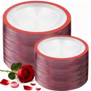 U-QE 200PCS Red Plastic Plates - Red Plastic Plates Disposable Heavy Duty - Fancy Disposable Plate Include 100 10" Dinner and 100 7" Dessert Platos for Party, Wedding & Special Moments