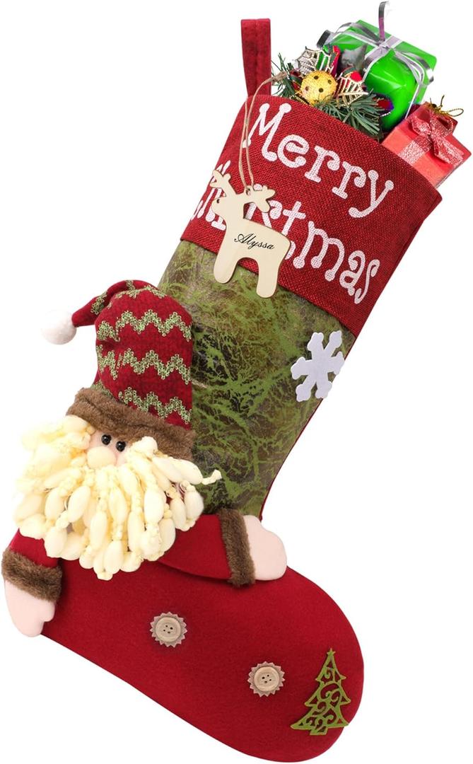 Christmas Stockings - 18.5" Large Christmas Stocking, 3D Cute Santa Stocking, Xmas Stockings with Name Tages, Christmas Decorations for Tree, Bed, Stairs & Fireplace