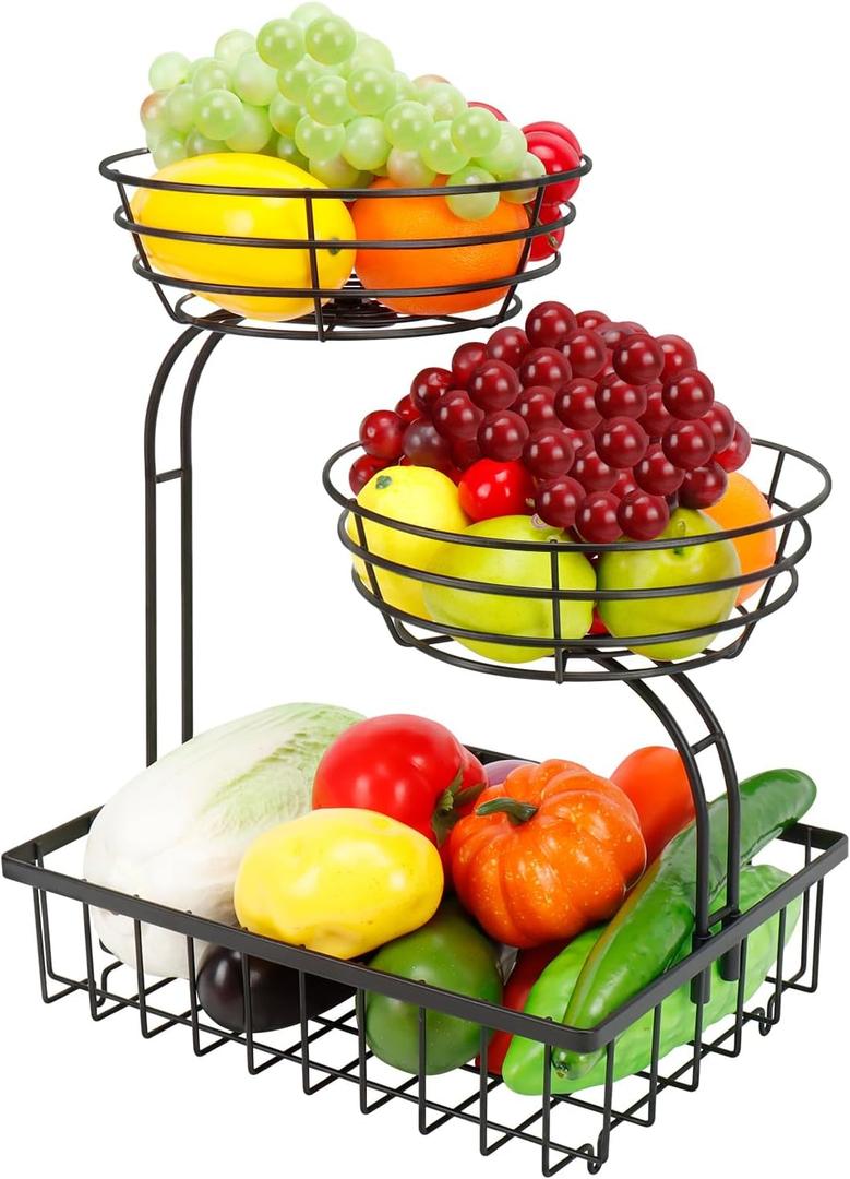 3 Tier Countertop Fruit Vegetable Basket Bowl Storage, Solid Metal Kitchen Counter Organizer for Storing Fruits, Veggies, Bread, Snacks (Black)