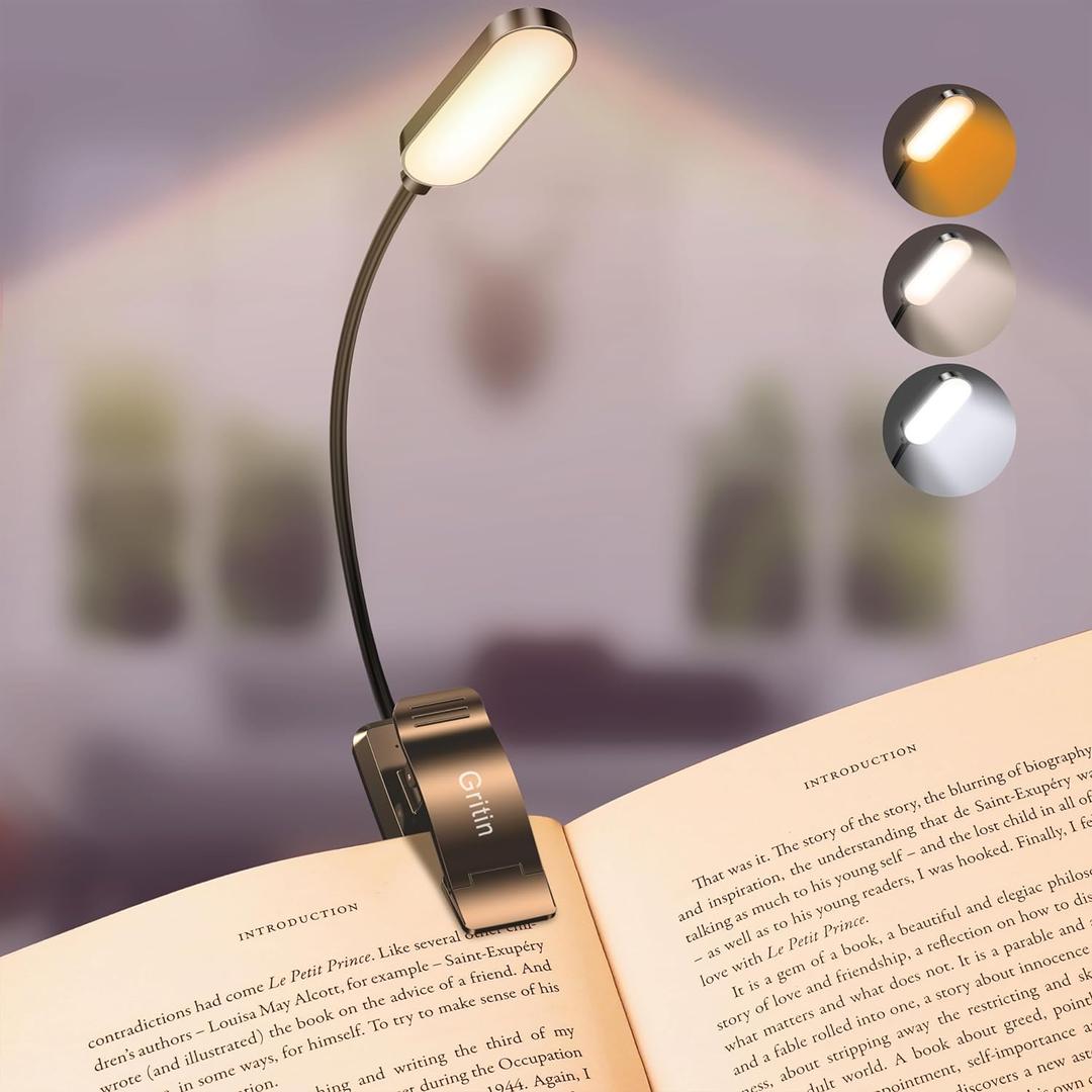 Gritin 16 LED Rechargeable Book Light for Reading in Bed- Eye Caring 3 Color Temperatures, Stepless Dimming Brightness, 80 Hrs Runtime, Lightweight Flexible Clip on Light for Book Lovers (Black)
