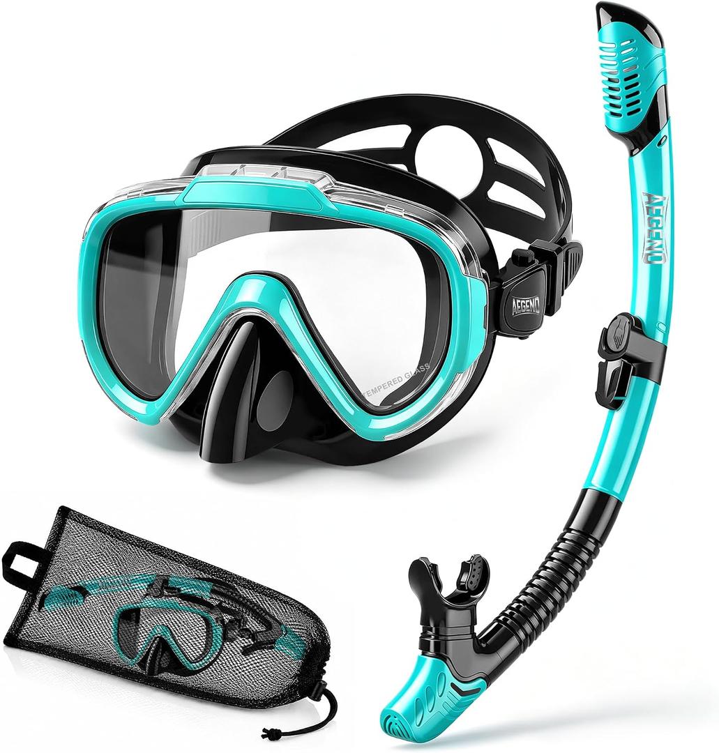 Aegend Snorkeling Gear for Adult Kids, Snorkel Set with Raised Nose Cover | Dry Snorkel Anti-Fog with Mesh Bag, HD View Anti-Leak for Scuba Diving