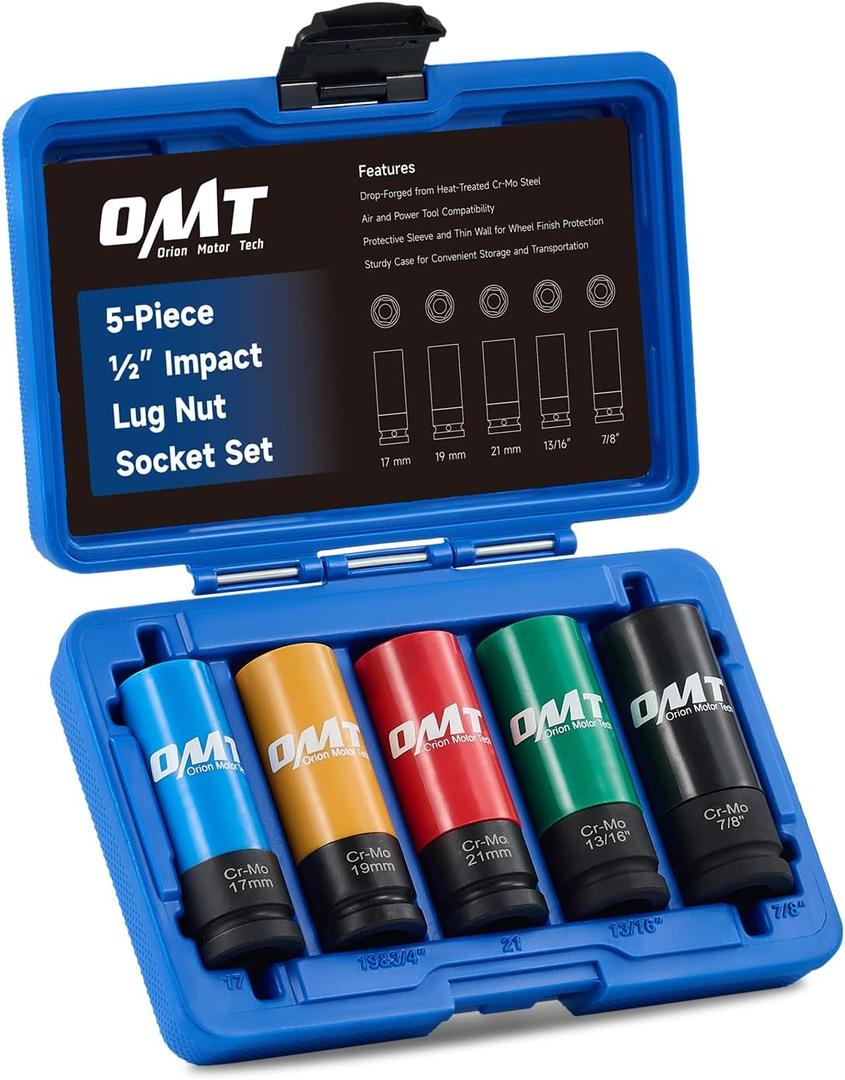 Orion Motor Tech 1/2" Drive Lug Nut Socket Set, Metric 17 19 21 mm & SAE 13/16 7/8 in. Wheel Socket Set, 5pc Impact Lug Nut Socket Set, Thin Wall Lug Nut Sockets with Colored Protective Covers