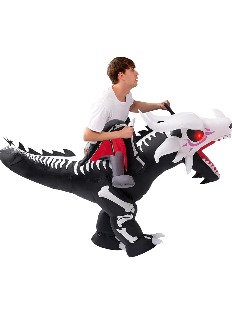 Spooktacular Creations Inflatable Costume for Adult, LED Light Eyes Dragon Skeleton Blow Up Costumes, Ride On Deluxe Costumes for Halloween Costume Parties Child 7-10Yrs