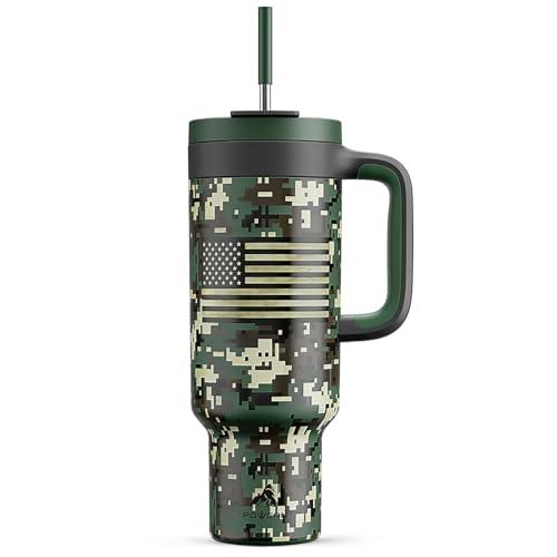 50 oz Camo Tumbler with Handle, 2-in-1 Straw and Sip Lid, Leakproof, Dishwasher Safe, Insulated Stainless Steel Travel Coffee Mug, Keeps Cold for 34 Hours, Fits in Car Cupholder (Woodland Flag)