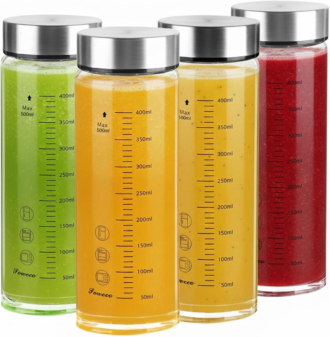 Glass Juice Bottles 4 Pack 16 oz - Wide Mouth Glass Water Bottles with Lids - for Juicing, Protein, Smoothie, Milk, Reusable, BPA Free, Stainless Steel Lids, Blender, Shaker Bottle (500ml)