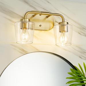 Brushed Gold Bathroom Light Fixtures, 2-Light Vanity Lights with Clear Glass, Modern Champagne Bronze Vanity Lighting Fixtures Over Mirror, AD-22004-2W-GD-C