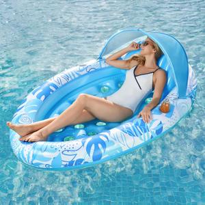 SLOOSH Pool Floats with Canopy - XL Oval Pool Raft Inflatable Float for Adults with Adjustable Sun Shade Cover, Swimming Pool Tanning Float Lounge Floating Mat Cup Holders, Removable Backrest (Blue)