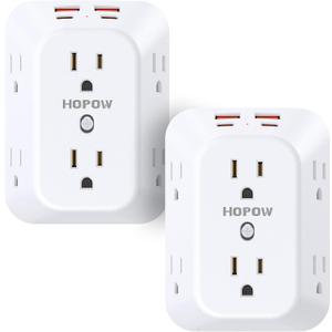 2 Pack Outlet Extender Surge Protector, HOPOW 6 Outlet Splitter with 4 USB Ports (2 USB C), USB Wall Charger, 3-Sided 1050J Multi Plug Wall Outlet, Wall Mount for Home Travel Office Travel, White