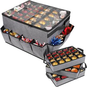 Lukeline Large Ornament Storage Box with 3 Tray, Holiday Ornament Organizer with external pocket and Transparent Cover, Inside 6 Slots for Nutcrackers, Christmas Lights, etc