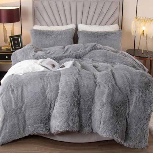 EMME Plush Shaggy Duvet Cover Set Queen Size 3 Pieces Fluffy Fuzzy Comforter Cover Set for Queen Bed Luxury Soft Bedding Duvet Covers (Grey, Queen)