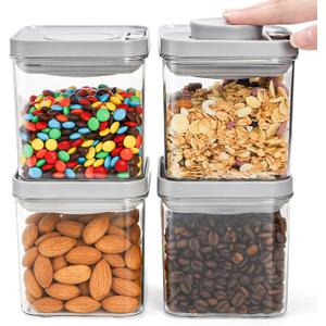 WRINGKIT Set of 4 Airtight Food Storage Containers, 0.58 Qt Small Cereal Snacks Container with Lids, Leak Proof Stackable Flour Sugar Canisters for Pantry, Spices, Candy, One Button Opening, 550ml