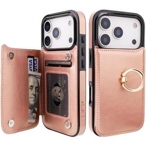 ONETOP for iPhone 17 Pro Wallet Case with Card Holder, 360° Rotation Ring Kickstand RFID Blocking PU Leather Double Magnetic Clasp Shockproof Cover for Women and Girls 6.3 Inch (Rose Gold)