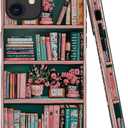 Case Compatible with iPhone 11,Fall Prevention Bright Hybrid 2-Layer Hard Shell Phone Case for Girls Boys,Floral Bookshelf Retro Pink