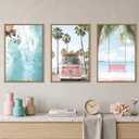 DRACIT Large Summer Beach Surfing Scene Framed Canvas Wall Art Set,Coastal Pink Van and Surfboards Wall Decor,Trendy Beach Swing Palm Trees Artwork for Living Room,Bedroom-16 x24 x3