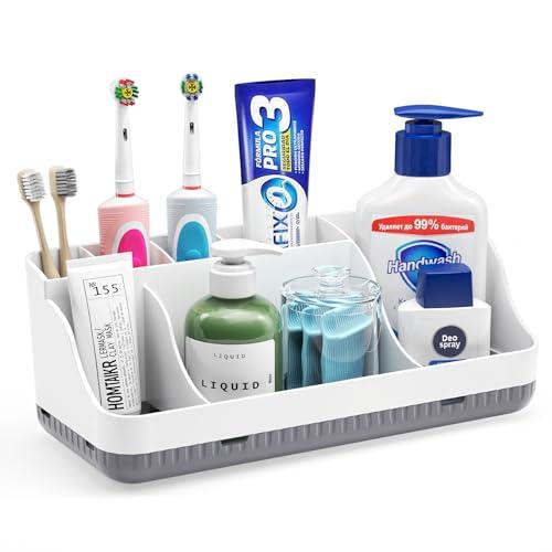 Bathroom Counter Organizer and Storage, 7 Slots Detachable Toothbrush Holders for Bathrooms, Anti-Slip Electric Toothbrush and Toothpaste Holder Countertop Vanity Organizer Accessories for Adults Kids