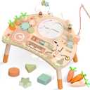 Wooden Activity Table for Toddlers 1-3, 9 in 1 Montessori Sensory Table with Bead Maze Shape Sorter Fishing Game, Baby Activity Center Learning Toys for 1 2 3 Year Old Boys Girls, Small
