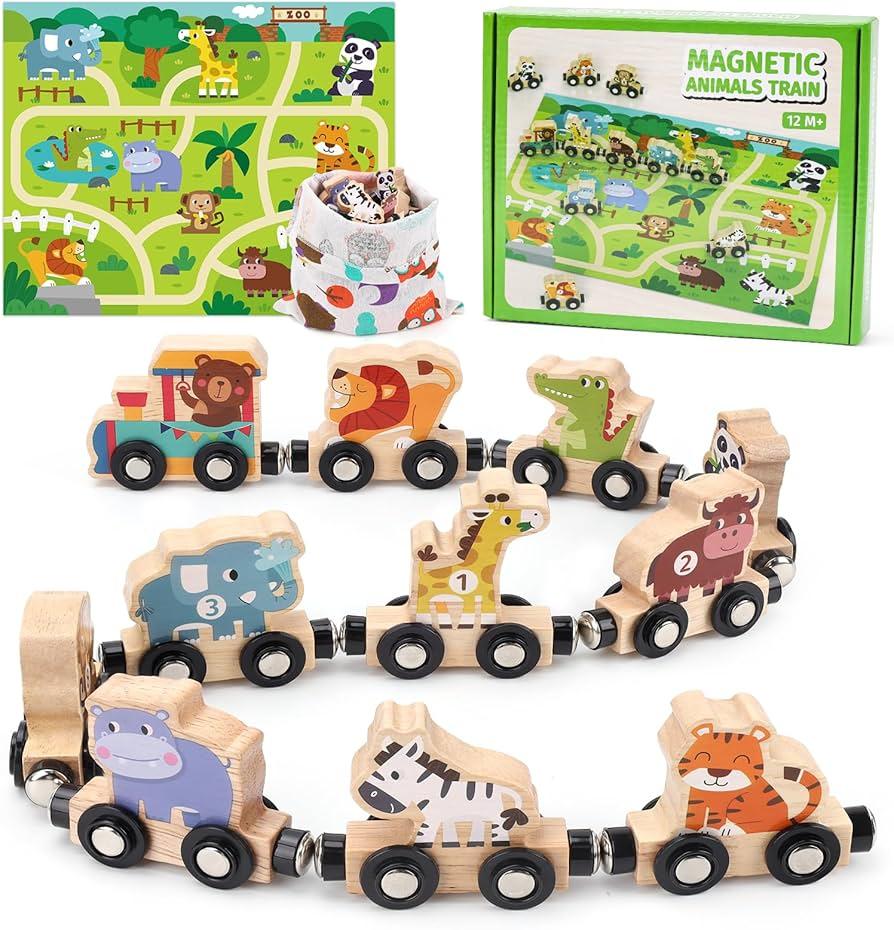 Magnetic Wooden Train Set with Farm Animals and Play Mat: Montessori Educational Toys for Toddlers 1 2 3 4 Year Old Boys Girls Perfect Toddler Toy Gift for Birthday Christmas (train)