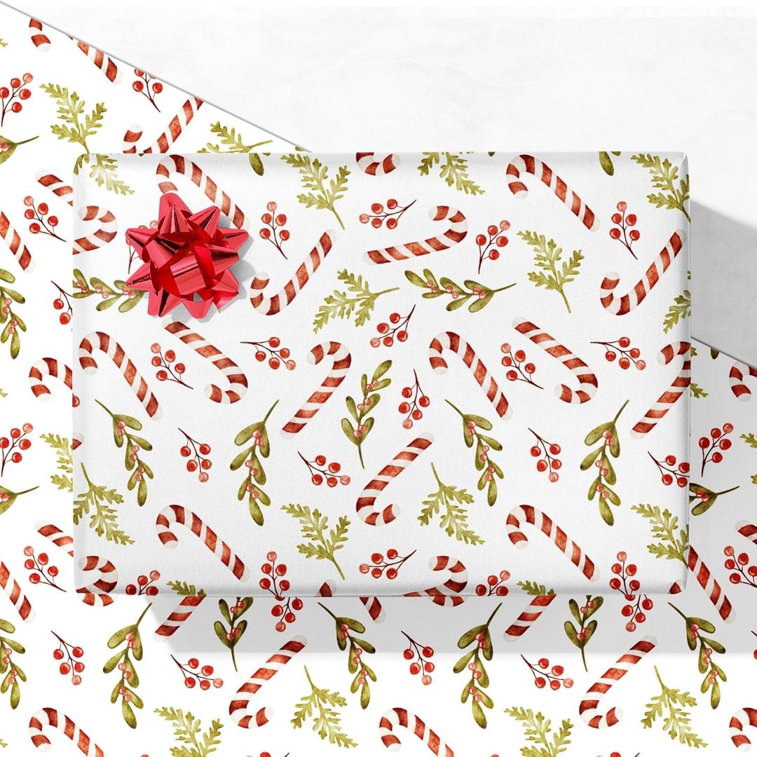 GIOLNIAY Green Christmas Wrapping Paper for Kids Adults  Holiday Gift Wrap Candy Cane with Greenery and Berries on White  4 Jumbo Sheets, 28" x 40" Each (31 sq. ft ttl), Easy to Store, Pack of 2