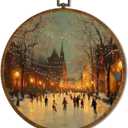 Vintage Winter Wall Art Decor 10x10Inch, Ice Skating Circular Wall Art Framed Canvas Print Decor, Winter Skating Scene Wall Art Decor for Christmas Lights(Skating)