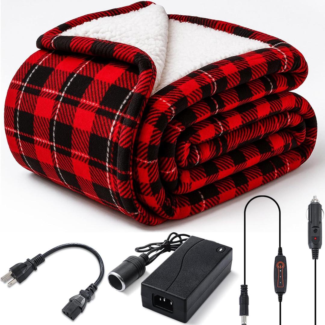 Retisee 12 Volt Heated Car Blanket Heated Electric Christmas Throw Blanket for Car, Truck, SUV, or RV with 3 Heating Levels for Home Camping Portable Indoor Outdoor, 60 x 51 Inch(Buffalo Plaid)