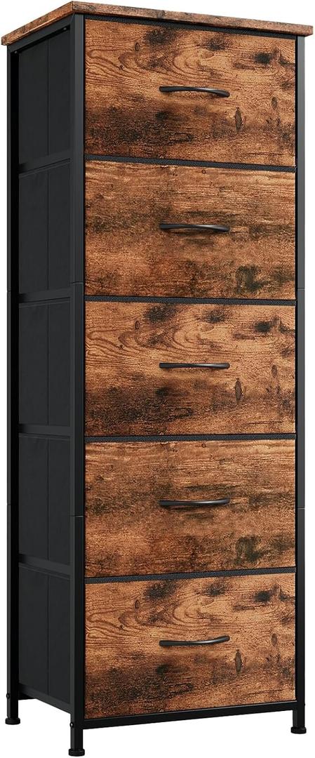 Somdot Tall Dresser for Bedroom with 5 Drawers, Storage Organizer Chest of Drawers with Removable Fabric Bins for Closet Bedside Living Room Laundry Entryway Hallway, Wood Grain Print