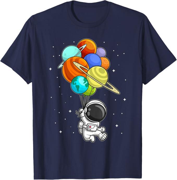 Astronaut Holding Planet Balloons Solar-System Space Kids T-Shirt (Blue) 4T