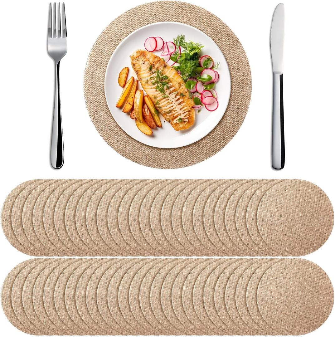 Mifoci 100 Pieces Burlap Placemats Bulk 15.75 Inches Burlap Round Reusable Placemats Brown Table Mats Circle Rustic Table Decorations for Wedding Fall Christmas Dinner Holiday Farmhouse Supplies