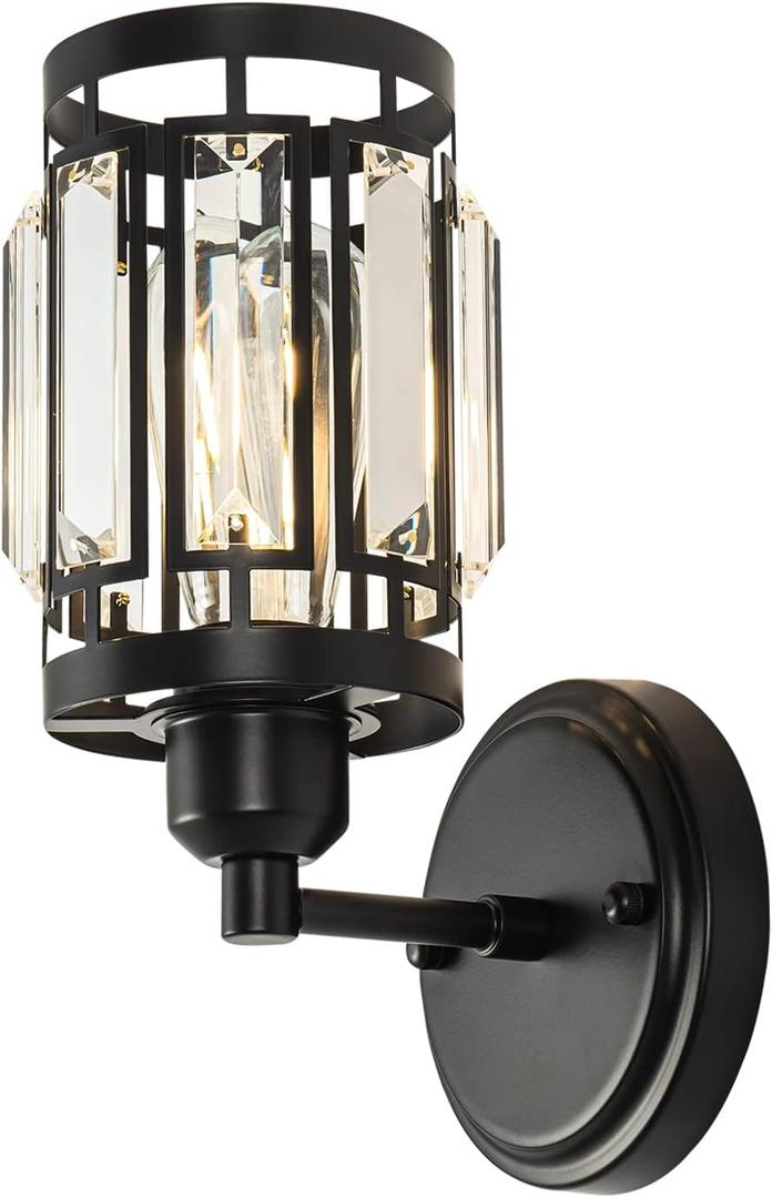 Larootsi 1 Light Crystal Wall Sconce Lighting with Black Finish, Modern Wall Light Fixture Living Room Bed Room, Over Mirror Vanity Light Bathroom Dressroom E26