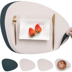 Myir JUN Placemats, Dual-Sided Placemats Waterproof Faux Leather Placemats Set of 4 Place Mats and Coasters Non-Slip Washable Table Mats for Dining Table (Beige Green, Set of 4)