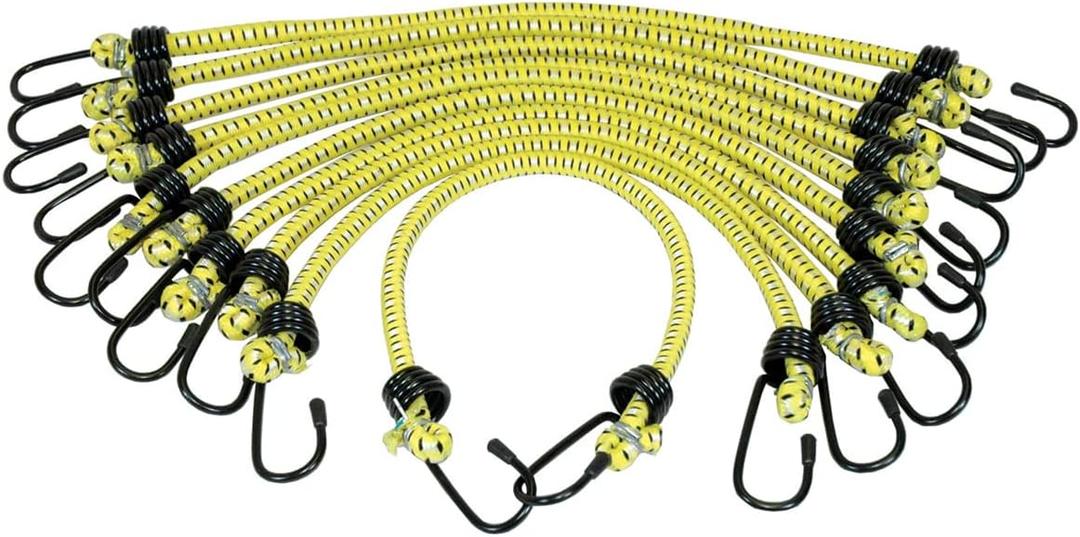 K Tool International 73830 3/8" x 18" General Purpose Bungee Cord Set for Garages, Repair Shops or DIY, Steel Vinyl Covered Hooks, Quality Rubber, Braided Cover, Safety Yellow Woven Jacket
