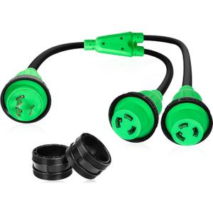 Kanayu 3FT RV Marine Boat Shore Power Adapter L5-30P Male 30A Plug to (2) 30A L5-30R Female, 30 Amp Y Splitter with Locking Ring and Collar, (Green,Black)