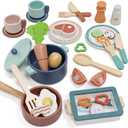 Lehoo Castle Wooden Play Kitchen Accessories, Play Pots and Pans Sets for Kids, Play Food Sets for Kids Kitchen, Montessori Food Toys for Toddlers 3-5, Gifts for Girls Boys