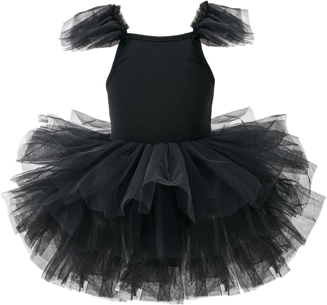 Girls Dance Tutu Dresses Ruffle Sleeve Snap Crotch Ballet Leotards Black 5-6 Years