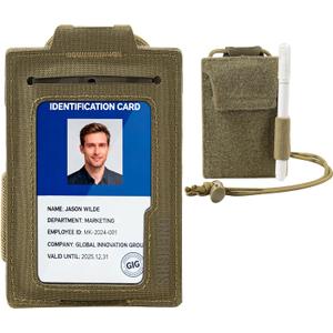 Tactical ID Badge Holder with Lanyard - Slim RFID Blocking Card Holder with Hook & Loop Back & 2 Card Slots Credit Card Organizer for Men (Brown)
