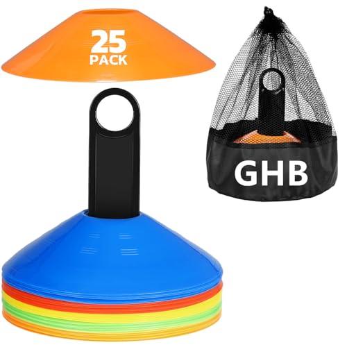 GHB Soccer Cones 25/50/100 Pack Disc Soccer Sport Cones Training Field Marker Agility Cones for Traffic, Basketball, Coaching, Practice Equipment Includes Cone Drills Guide (25Pcs Multicolor)