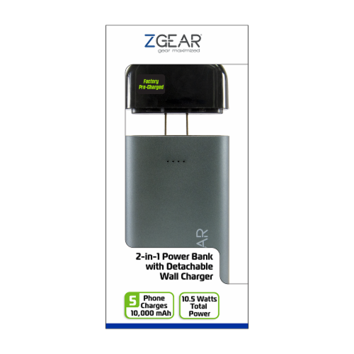 ZGear 2-in-1 Power Bank with Detachable Wall Charger - Black/Gray