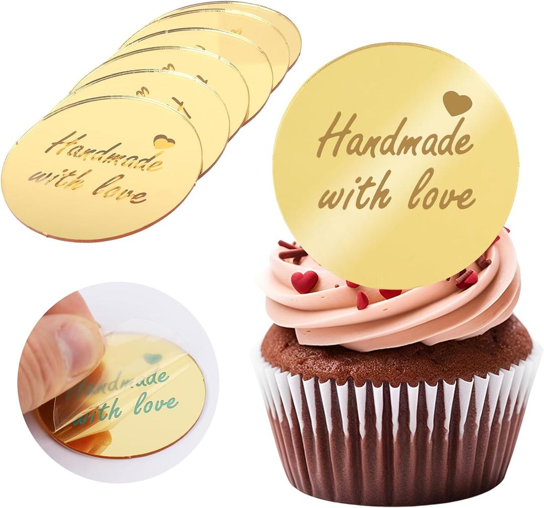 2 x 20Pcs Gold Handmade Cupcake Topper Acrylic Mirror Handmade Tags for Mother's Gift Gift Decorations Birthday Thanksgiving Party Favors Round Tags Decorations for Teacher Appreciation DIY Crafts
