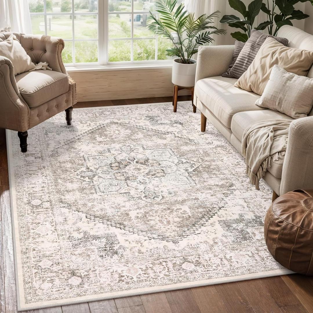 LIVEBOX 6x9 Beige Rug for Living Room- Large Oriental Rug for Bedroom, Non-Slip Retro Dining Room Rugs for Under Table, Low-Pile Soft Vintage Rugs for Office Guest Room