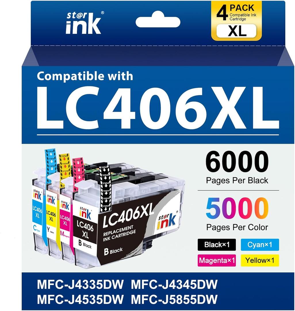 Starink LC406 LC406XL Ink Cartridges Replacement for Brother Printer LC406XL 406 Compatible with MFC-J4335DW MFC-J5855DW MFC-J6555DW MFC-J4535DW MFC-J6955DW MFC-J4345DW MFC-J5955DW, 4 Pack BKCMY (LC406XL Black Cyan Magenta Yellow)