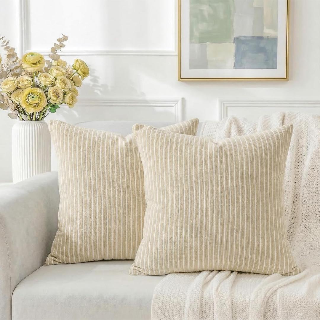 Striped Textured Chenille Pillow Covers 18x18 Set of 2, Soft Double-Sided Decorative Throw Pillow Cover, Solid Modern Cushion Covers, Giftable Home Decor (Natural Beige, 18x18)