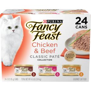 Purina Fancy Feast Chicken and Beef Classic Pate Collection Grain Free Wet Cat Food Variety Pack - (Pack of 24) 3 Oz. Pull-Top Cans