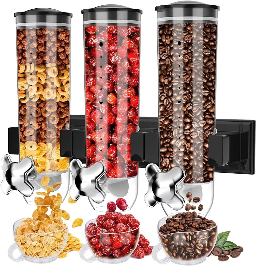 Triple Food Dispenser Wall Mounted Cereal Dispenser, Grains Dispenser Wall Mounted Dry Food Dispenser with 3 Cup, Candy Dispenser Snack Container for Kitchen Store Nut Coffee Beans 4.5L (Black)