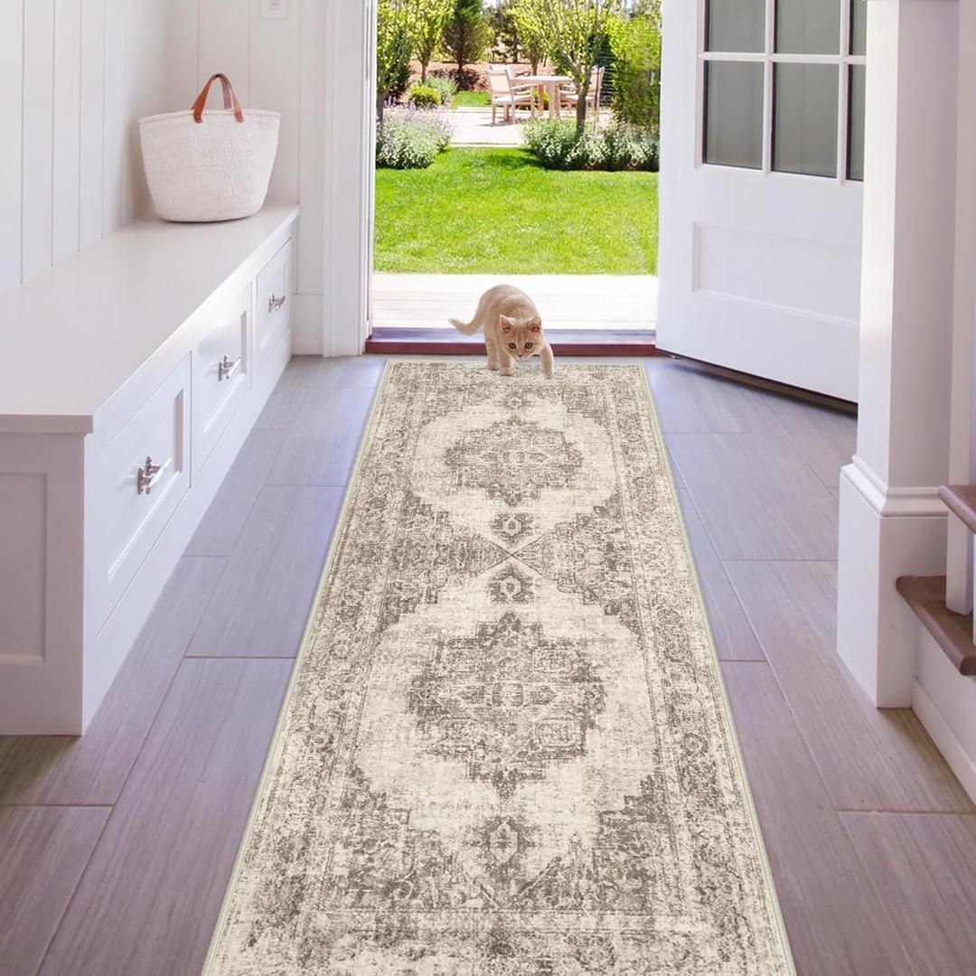 Area Rug 2x6 Runner Rugs: Washable Vintage Hallway Rug Indoor Medallion Rugs Low Pile Distressed Floor Carpet Retro Accent Rug for Kitchen Bedroom Bathroom Dining Room(Taupe, 2'x6')