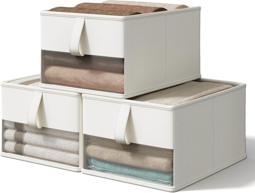 Foldable Storage Bins with Clear Window, Fabric Organizer for Closet, Shelves & Cubes - Breathable, Odor-Free Storage Boxes for Towels, Clothes, Toys, Books - 11.5 * 8.75 * 6.5in, White, 3-Pack (Small)