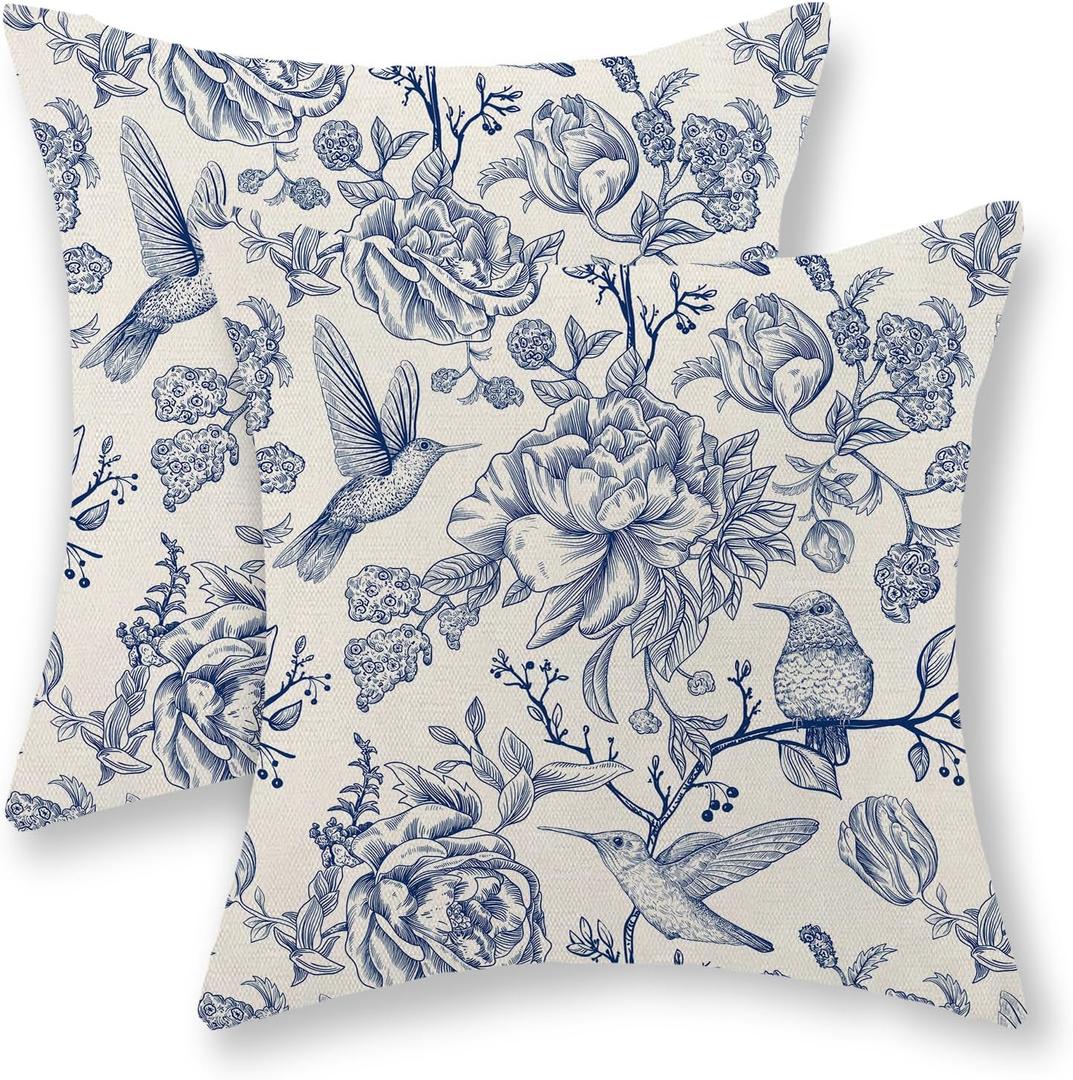 Blue Pillow Covers 18x18 Inch Set of 2 Blue and Cream Chinoiserie Bird Floral Throw Pillows Outdoor Decor Vintage Hummingbird Flower Pillow Cases Linen Decorative Cushion Case for Couch Sofa