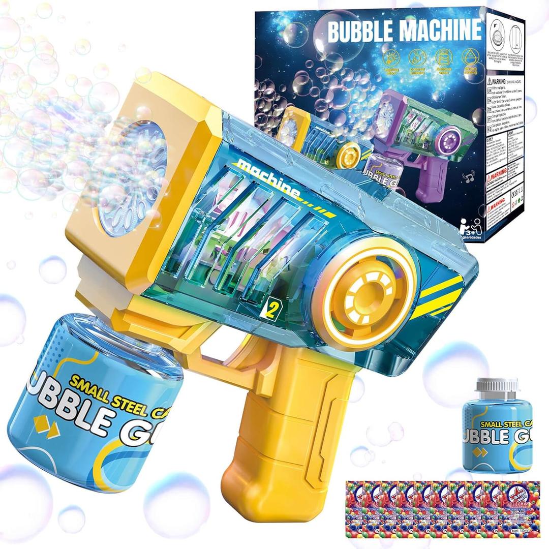 Bubble Gun with Bubble Solution - Transparent, Electric, Leak-Proof, Bubbles Machine with RGB Lights, Ideal Gift for Kids Ages 3-8 Birthday, Toys for 3 4 5 6 7 8 Years Old Boys Girls