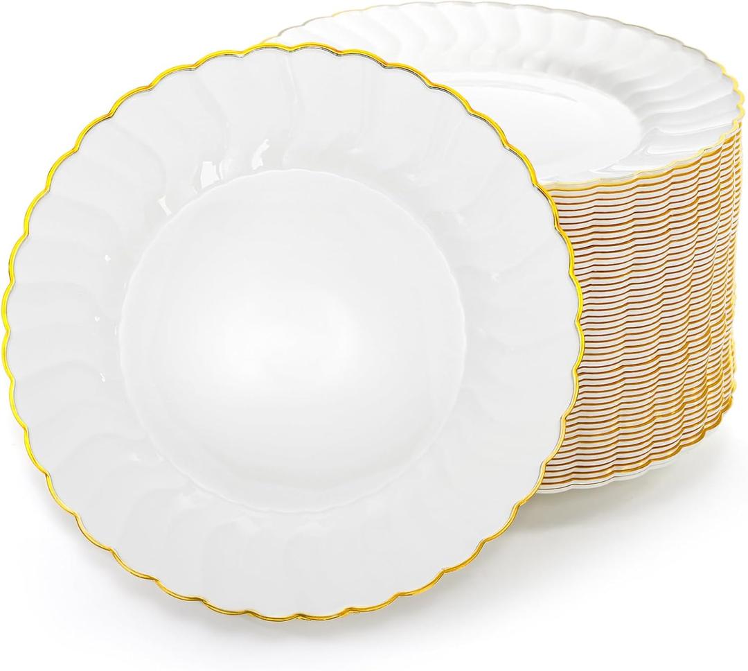 Coloch 50 Pack Gold Plastic Plates, 6 Inch White with Gold Rim Round Disposable Appetizer Dessert Plates for Wedding, Buffet, Party, Catering