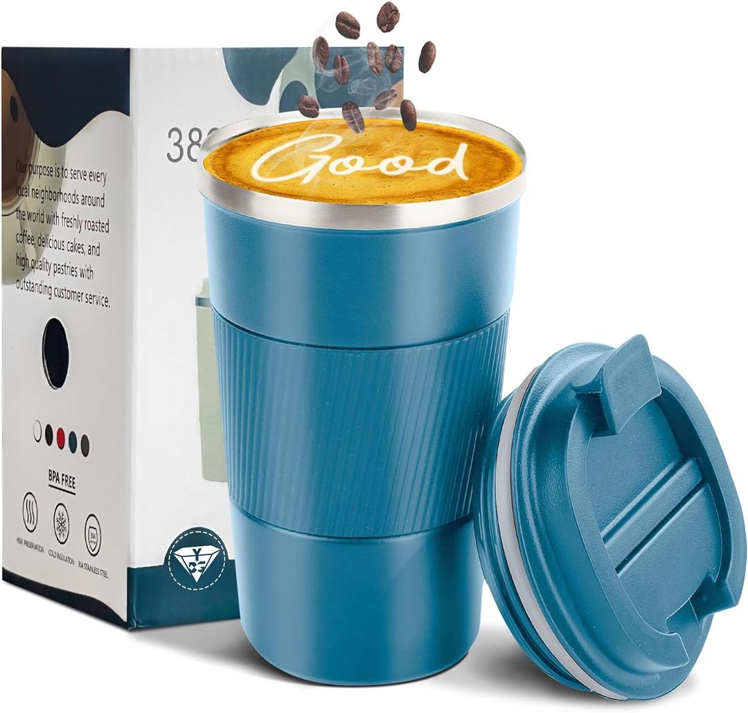 YINBAOGE Insulated Travel Coffee Mug, Spill & Leak Proof, Portable To Go Camping Stainless Steel Coffee Tumbler, Reusable Thermal Coffee Cup with Lid for Hot & Cold Drinks (Blue, 17 OZ)