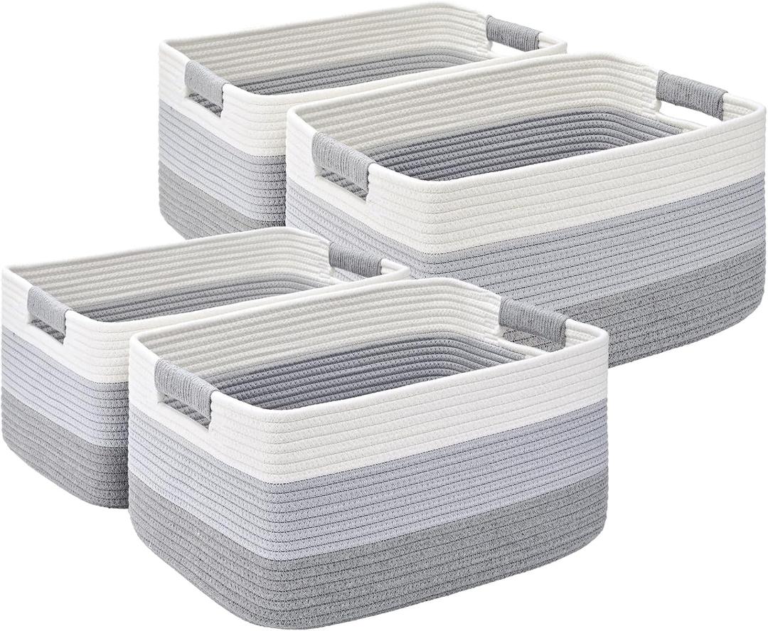 4 Pack Large Storage Basket for Organizing, 17.5"x13"x7" Woven Basket for Shelves, Closet Cube Storage Bins with Wrapped Handle, Cotton Rope Baskets for Kitchen, Clothes, Toys(Gradient Grey)